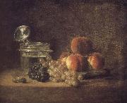 Jean Baptiste Simeon Chardin Cold peach fruit baskets with wine grapes oil